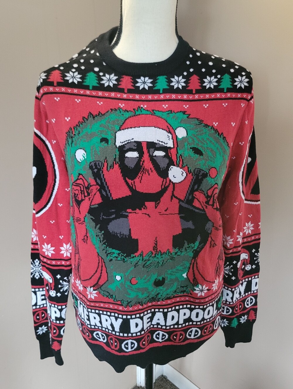 Marvel Deadpool Men's Red and Green Holiday Crewneck Sweater